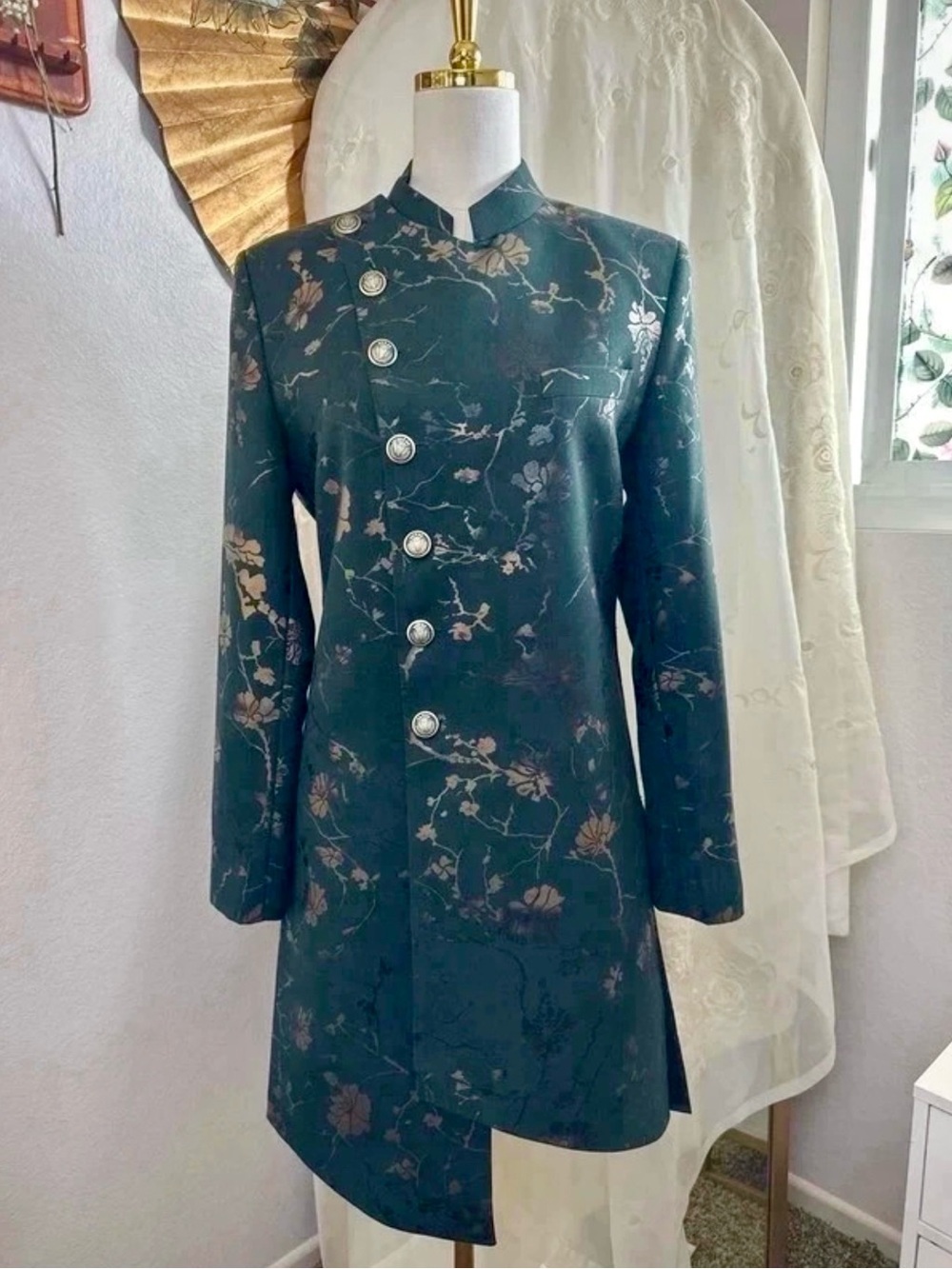 Asymmetric Green Gold Floral Jacquard Achkan Sherwani Nehru Jacket Medium M